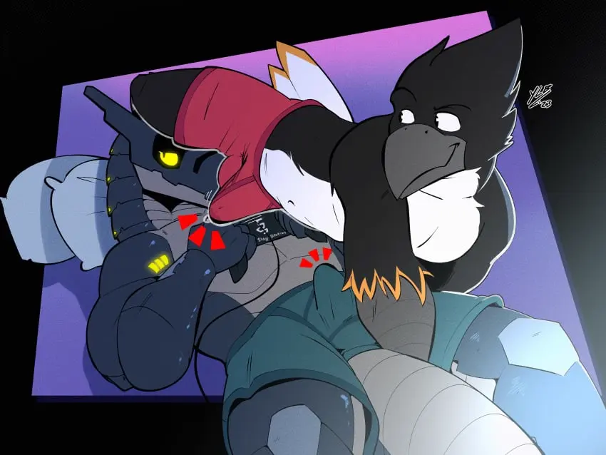 Image 2023,clothed,clothing,hi_res,simple_background,solo,male,tail,lying,underwear,duo,male/male,digital_media_(artwork),feathers,anthro,gaming,genital_fluids,bodily_fluids,holding_object,partially_clothed,pillow,avian,bird,electronics,red_clothing,boxer_briefs,controller,game_controller,playing_videogame,red_underwear,red_boxer_briefs,synth_(vader-san),yellowluster