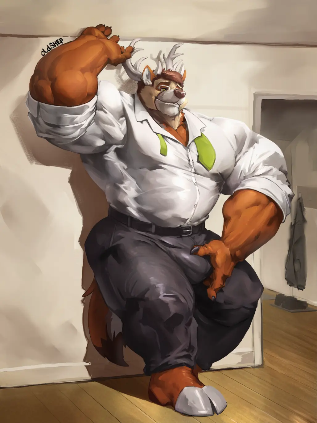 Image 2023,clothing,hi_res,pants,shirt,solo,male,muscular,muscular_male,hair,anthro,tan_body,green_eyes,brown_hair,bulge,canid,canine,canis,fur,inside,mammal,multicolored_body,multicolored_fur,claws,tight_clothing,horn,dress_shirt,antlers,belt,5_fingers,white_body,necktie,fingers,big_muscles,brown_fur,deer,hybrid,topwear,big_bulge,cloven_hooves,hooves,tan_fur,brown_body,white_fur,bottomwear,black_claws,coyote,huge_muscles,brown_nose,oldshep,grey_hooves,holding_bulge,leaning_on_wall