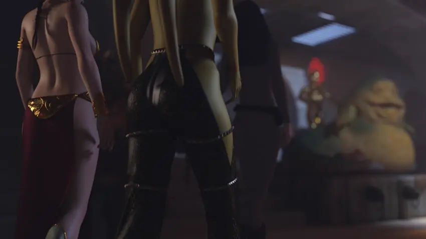 Image female,long_hair,green_skin,brown_hair,3d,rear_view,fishnets,bodysuit,3girls,belly_dancer,belly_dancer_outfit,jabba's_palace,slave_bikini,slave_collar,slave_outfit,star_wars,braided_hair,harem,twi'lek,slave,jabba_the_hutt,slavegirl,loincloth,harem_girl,harem_outfit,princess_leia_organa,oola,c-3po,alexbridger,melina_carniss,slave_leia,catsuit