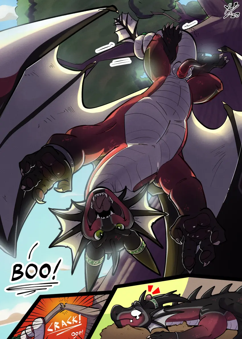 Image 2023,hi_res,looking_at_viewer,solo,male,penis,tail,erection,digital_media_(artwork),balls,wings,text,mythology,absurd_res,european_mythology,comic,genitals,claws,horn,english_text,scalie,tree,animal_genitalia,animal_penis,plant,mythological_creature,dragon,mythological_scalie,western_dragon,feral,tapering_penis,membrane_(anatomy),membranous_wings,branch,yellowluster,ayrrenth