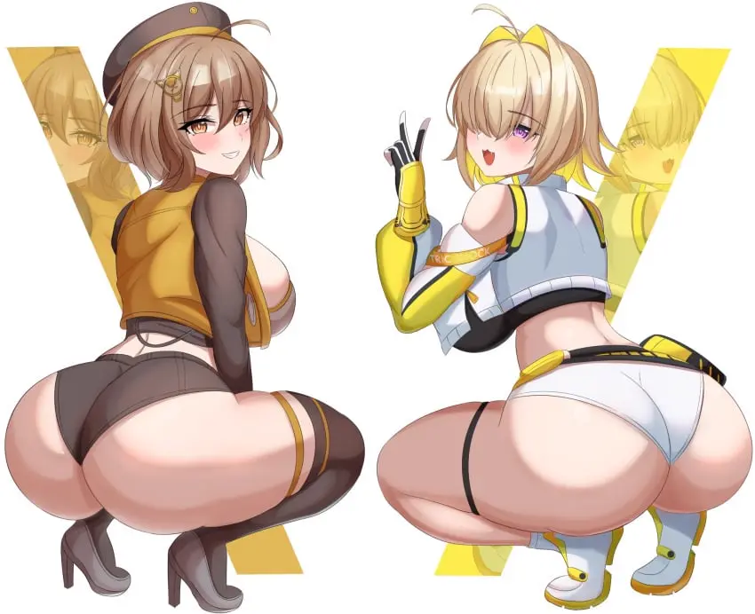 Image blush,breasts,female,highres,large_breasts,long_sleeves,looking_at_viewer,open_mouth,smile,2girls,multiple_girls,short_hair,ass,huge_ass,thighs,multicolored_hair,blonde_hair,brown_hair,ahoge,high_heels,hair_intakes,two-tone_hair,jacket,goddess_of_victory:_nikke,squatting,shorts,ass_focus,full_body,shoes,naughty_face,elegg_(nikke),hair_over_eyes,tiptoes,:3d,come_hither,anis_(nikke),long_bangs,sicamal