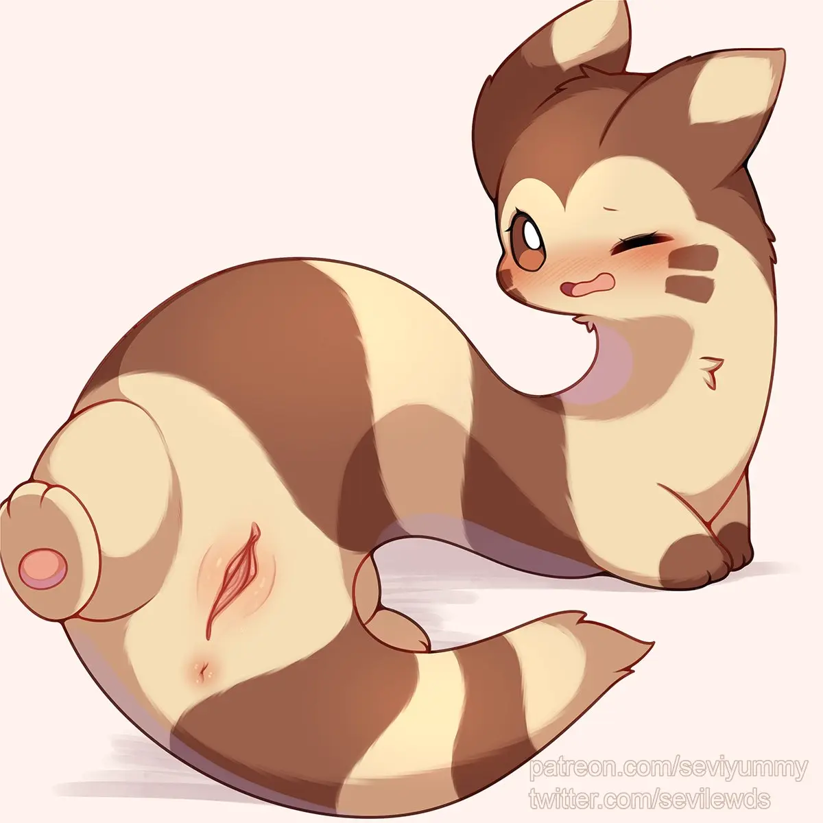 Image blush,brown_eyes,female,hi_res,looking_at_viewer,open_mouth,simple_background,solo,pokemon,pokemon_(species),pussy,tongue,artist_name,digital_media_(artwork),eyelashes,tan_body,text,anus,spread_legs,spreading,one_eye_closed,nintendo,presenting,fur,genitals,multicolored_body,multicolored_fur,2024,front_view,brown_fur,blush_lines,tuft,tan_fur,brown_body,feral,presenting_pussy,pink_tongue,url,presenting_anus,stripes,pawpads,generation_2_pokemon,pupils,striped_body,striped_fur,head_tuft,pink_anus,pink_pawpads,dipstick_ears,multicolored_ears,white_pupils,furret,pink_pussy,seviyummy