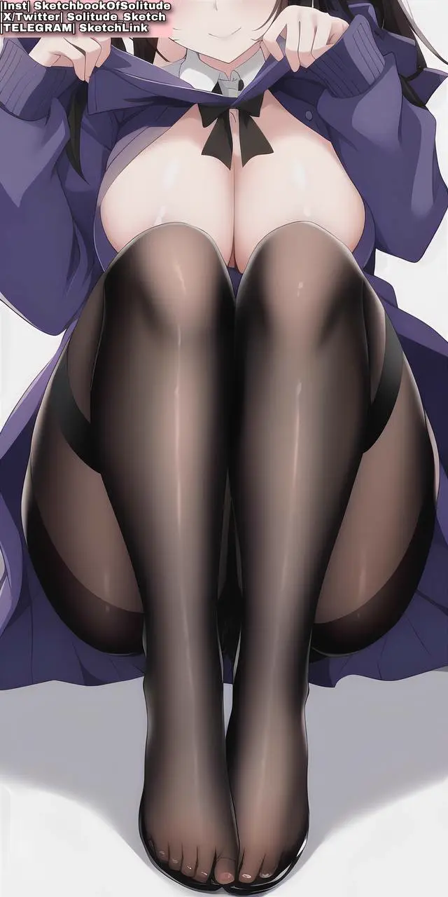 Image 1girls,big_breasts,bow,breasts,female,female_only,large_breasts,solo,ai_generated,legs,foot_fetish,dress,anime,anime_style,purple_dress,black_bow,ai_hands,tights,soli_sketch,black_tights