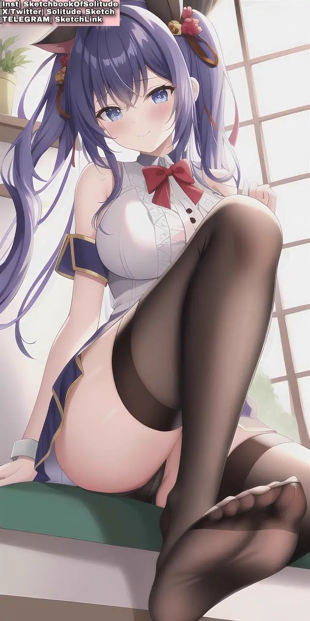 Image 1girls,bow,female,female_only,shirt,solo,blue_eyes,pussy,feet,ai_generated,legs,foot_fetish,stockings,purple_hair,skirt,white_shirt,fingers,anime,blouse,anime_style,ai_hands,red_bow,purple_skirt,white_blouse,soli_sketch