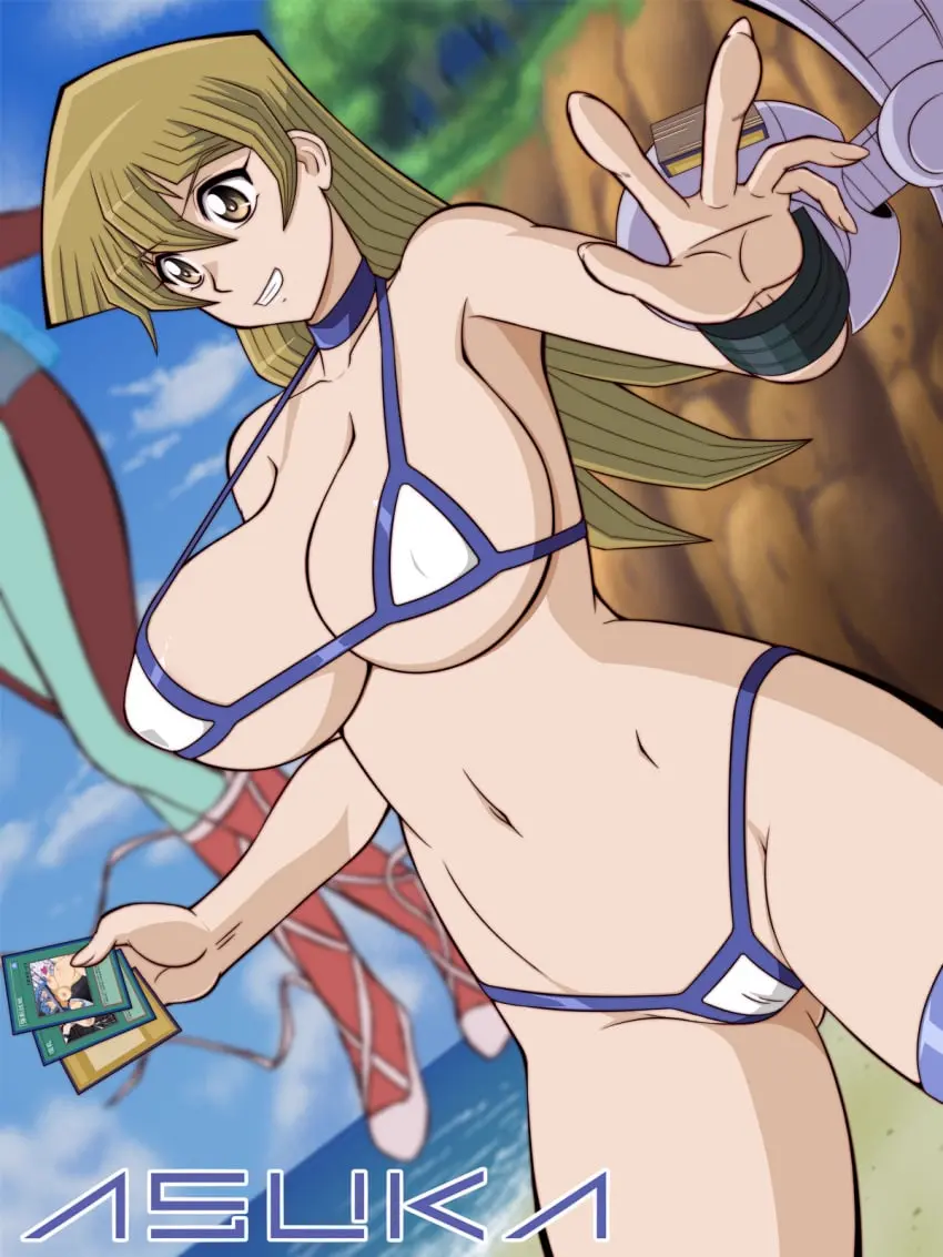 Image breasts,brown_eyes,female,smile,navel,bikini,voluptuous,hips,huge_breasts,blonde_hair,yu-gi-oh!,looking_at_another,alexis_rhodes,card,tenjouin_asuka,yu-gi-oh!_gx,beach_umbrella,glamour_works