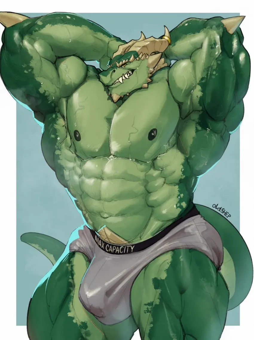 Image 2023,clothed,clothing,hi_res,looking_at_viewer,nipples,simple_background,smile,solo,standing,male,sweat,yellow_eyes,underwear,muscular,muscular_male,hands_behind_head,grin,anthro,mythology,pose,bulge,topless,underwear_only,bodily_fluids,muscular_anthro,horn,green_body,green_scales,scales,scalie,green_nipples,solo_male,big_muscles,mythological_creature,big_bulge,dragon,mythological_scalie,huge_bulge,briefs,huge_muscles,oldshep