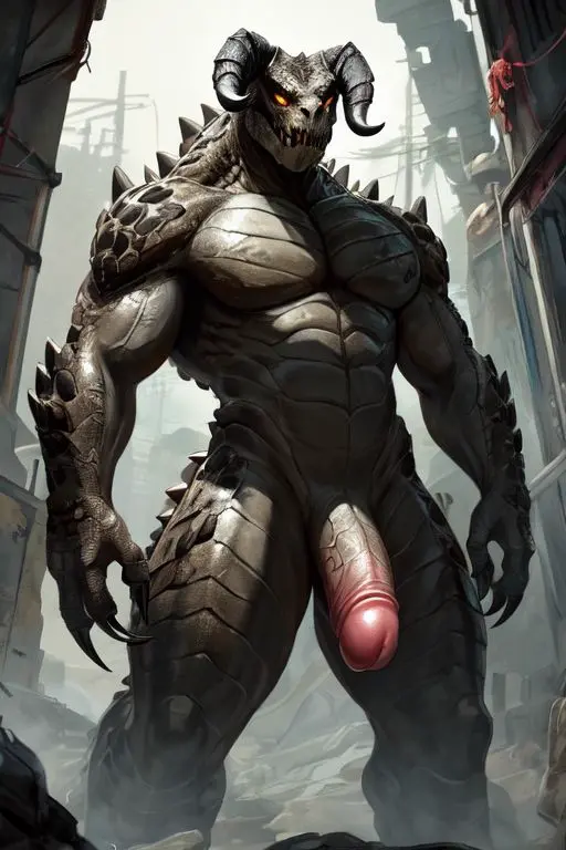 Image male,penis,furry,horns,ai_generated,yaoi,gay,bara,half-erect,scales,male_focus,solo_male,ruins,deathclaw,fallout,ruined_city