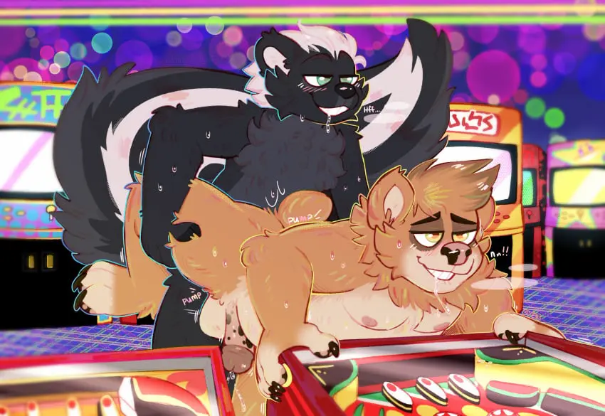 Image 2023,hi_res,male,penis,furry,male/male,balls,drooling,anthro,tagme,absurd_res,saliva,penetration,bodily_fluids,genitals,mammal,bear,detailed_background,anthro_on_anthro,mephitid,skunk,arcade,arcade_game,arcade_machine,crownedvictory,pinball_machine