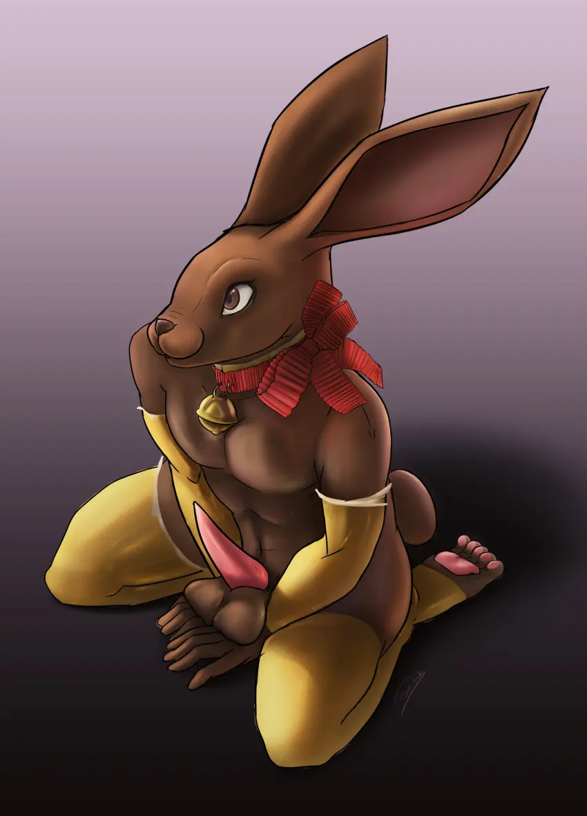 Image clothing,hi_res,solo,male,penis,erection,kneeling,balls,anthro,sitting,absurd_res,smooth_penis,big_balls,collar,genitals,mammal,paws,legwear,big_ears,lagomorph,leporid,rabbit,armwear,ribbons,bell,bell_collar,food,candy,chocolate,dessert,chocolate_bunny,darekunslaad