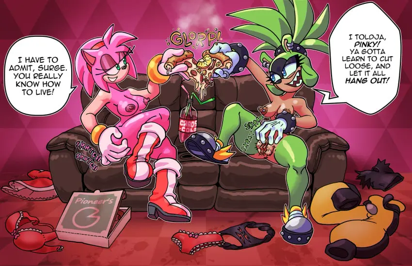 Image breasts,clothing,female,hi_res,nipples,pants,blue_eyes,pussy,bra,panties,underwear,duo,anthro,piercing,text,green_eyes,dress,masturbation,footwear,fur,genitals,mammal,dialogue,english_text,2024,green_body,amy_rose,sega,sonic_(series),sonic_the_hedgehog_(series),nipple_piercing,furniture,sofa,pink_body,pubes,shoes,undressed,torn_clothing,pink_fur,mostly_nude,messy,bottomwear,hedgehog,sonic_the_hedgehog_(idw),surge_the_tenrec,tenrec,beverage,food,pizza,eulipotyphlan,green_fur,scratching,soda,sonic_the_hedgehog_(comics),torn_underwear,footwear_only,shoes_only,idw_publishing,afrosoricid,galactabee,itching,messy_room,scratching_butt,scratching_crotch,torn_panties