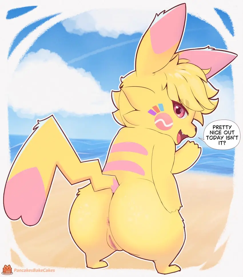 Image female,hi_res,looking_at_viewer,open_mouth,simple_background,solo,standing,pokemon,pokemon_(species),pussy,tail,tongue,ass,big_butt,looking_back,wide_hips,water,sky,text,anus,pink_eyes,absurd_res,cloud,nintendo,fur,genitals,dialogue,rear_view,yellow_body,english_text,speech_bubble,markings,tuft,tail_markings,feral,generation_1_pokemon,pikachu,facial_tuft,cheek_tuft,pancakesbakecakes