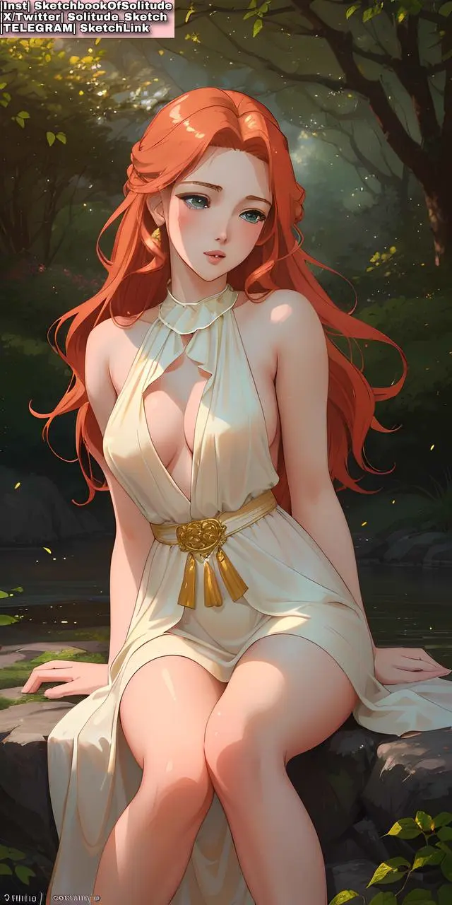 Image 1girls,breasts,female,female_only,long_hair,blue_eyes,red_hair,thighs,waist,ai_generated,dress,slim,slim_waist,2024,female_human,pink_lips,crossed_legs,slim_girl,long,yellow_dress,soli_sketch,beautiful_background,golden_dress