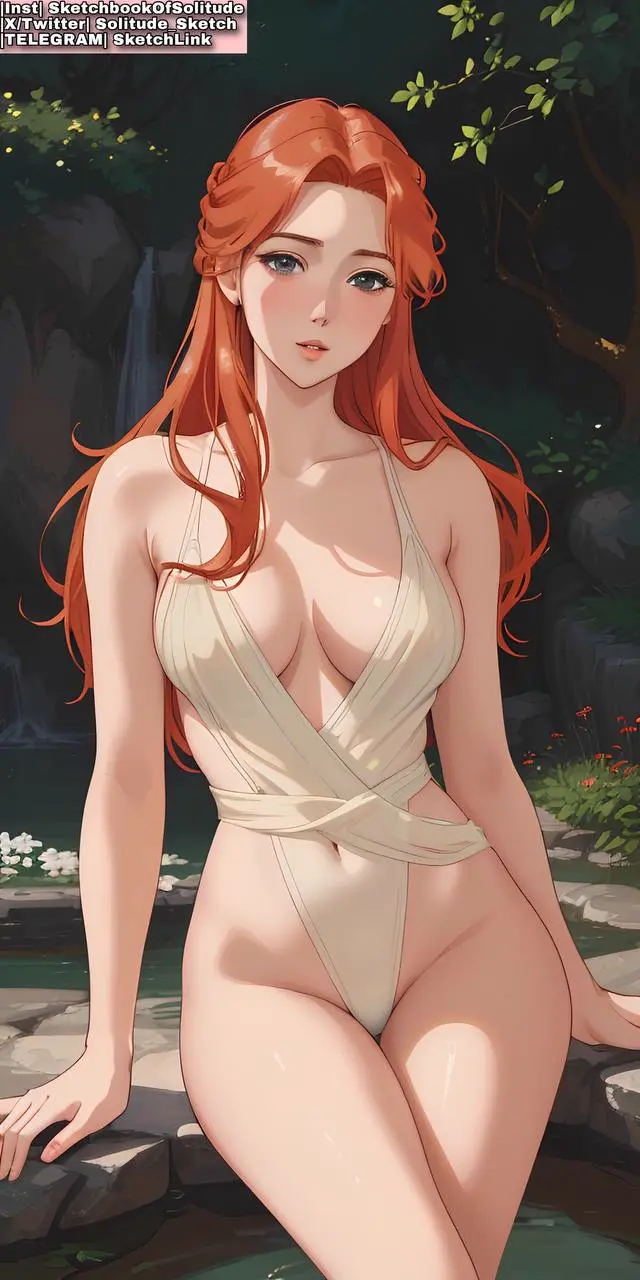 Image 1girls,breasts,female,female_only,long_hair,blue_eyes,red_hair,thighs,waist,ai_generated,dress,slim,slim_waist,2024,female_human,pink_lips,crossed_legs,slim_girl,long,yellow_dress,soli_sketch,beautiful_background