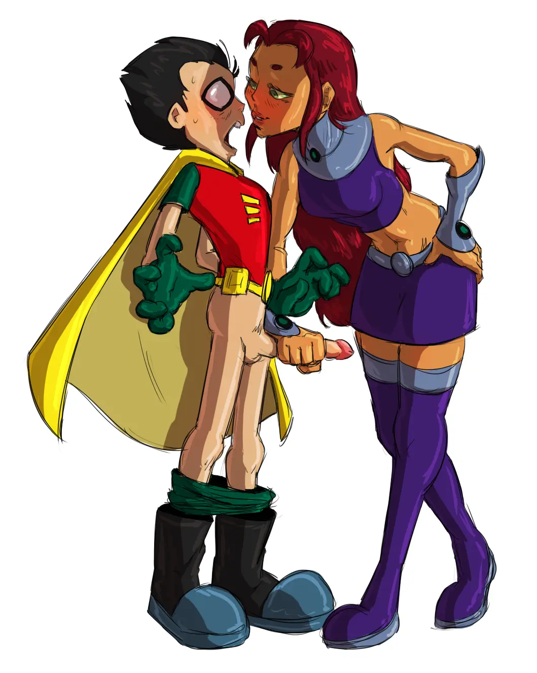 Image 1girls,blush,female,long_hair,1boy,black_hair,male,penis,straight,thighhighs,red_hair,big_penis,bare_midriff,midriff,size_difference,pants_down,green_eyes,lips,canon_couple,half-closed_eyes,looking_at_partner,hand_on_hip,handjob,masturbation,bent_over,skirt,cape,grabbing,surprised,eye_contact,dc,dc_comics,interspecies,smaller_male,surprised_expression,leaning_forward,abs,assertive,assertive_female,boots,femdom,height_difference,larger_female,taller_girl,shocked_expression,grabbing_penis,naughty_face,mask,teen_titans,starfire,holding_penis,penis_grab,bare_arms,female_domination,taller_female,dick_grayson,half_naked,thigh_boots,robin_(dc),robin_(dick_grayson),robin_(teen_titans),green_sclera,female_dominating_male,naughty_smile,handjob_gesture,jonathan1234,looking_into_eyes,masturbating_partner,purple_boots,short_clothing,starfire_(teen_titans)