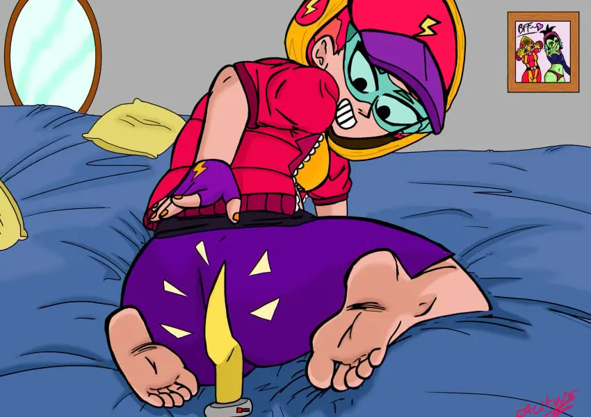 Image 1girls,big_breasts,breasts,female,smile,solo,gloves,female_focus,looking_back,clothed_female,from_behind,bed,bedroom,sex_toy,dildo,fingerless_gloves,brawl_stars,tinted_eyewear,gigantic_ass,blue-tinted_eyewear,tacitusart,max_(brawl_stars),streetwear_max