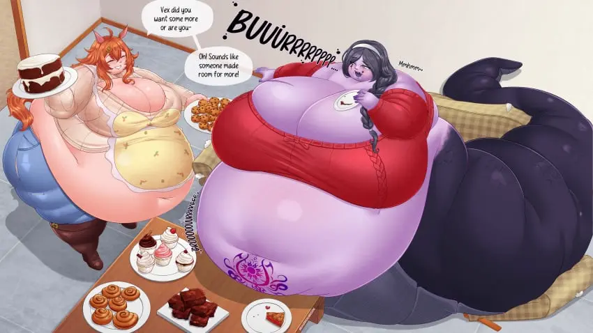 Image big_breasts,breasts,female,light-skinned_female,light_skin,long_hair,2girls,animal_ears,black_hair,navel,wide_hips,virtual_youtuber,belly,big_belly,cleavage,orange_hair,huge_breasts,vtuber,purple_skin,breasts_bigger_than_head,gigantic_breasts,kemonomimi,monster_girl,sitting,dialogue,apron,english_text,2024,reptile,purple_body,speech_bubble,indie_virtual_youtuber,fat,fat_female,overweight,overweight_female,fat_fetish,horse,morbidly_obese,morbidly_obese_female,obese,ssbbw,ussbbw,bbw,horse_girl,onomatopoeia,obese_female,legless,naga,serpentine,snake,horse_ears,eating,food,horse_tail,cookie,fat_thighs,weight_gain,gigantic_belly,immobile,belly_overhang,snake_girl,cake,fat_belly,reptilian,fat_arms,belch,cupcake,educabezon,lamia,lucahjin,sitting_on_couch,vexoria_the_sun_eater