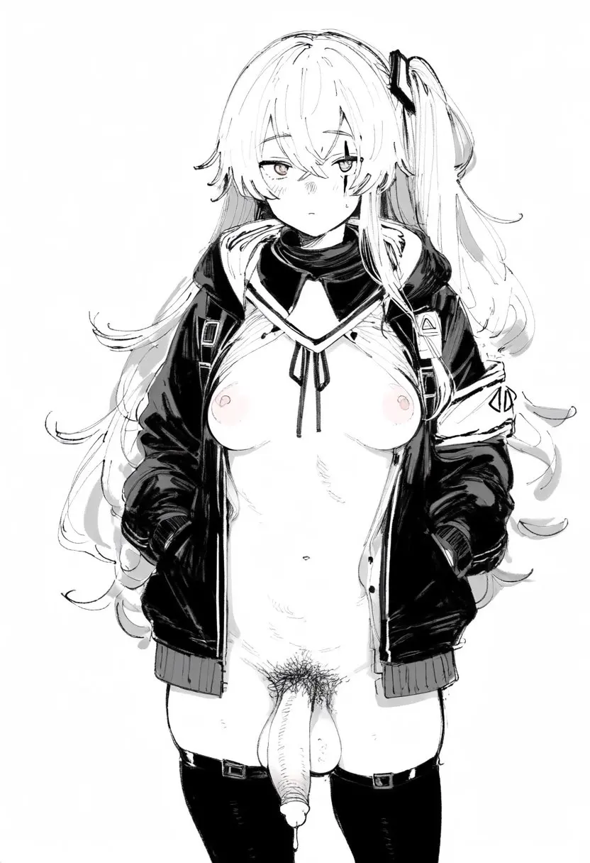 Image blush,breasts,clothed,clothing,highres,human,long_hair,looking_at_viewer,nipples,solo,standing,white_background,cum,penis,thighhighs,1futa,futanari,intersex,ai_generated,balls,futa_only,hair_between_eyes,skindentation,monochrome,flaccid,skirt,precum,jacket,bottomless,huge_balls,girls'_frontline,mostly_nude,full-package_futa,armband,muffin_top,kchwng1,ump45_(girls'_frontline)