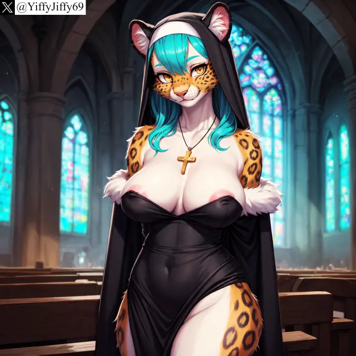 Image breasts,female,large_breasts,looking_at_viewer,solo,animal_ears,blue_hair,yellow_eyes,furry,aqua_hair,watermark,ai_generated,artist_name,covered_nipples,jewelry,anthro,furry_female,twitter,stable_diffusion,dress,necklace,indoors,covered_navel,feline,body_fur,areola_slip,church,cross_necklace,nun,leopard,twitter_username,cross,habit,yiffyjiffy69,stained_glass