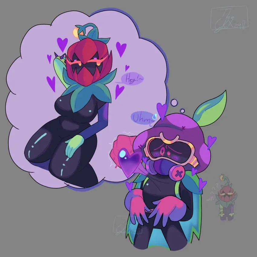 Image 1girls,big_breasts,breasts,female,1boy,male,heart,big_thighs,grey_background,brawl_stars,nervous,shiny_clothes,thinking,lily_(brawl_stars),cordelius_(brawl_stars),thecykox29!