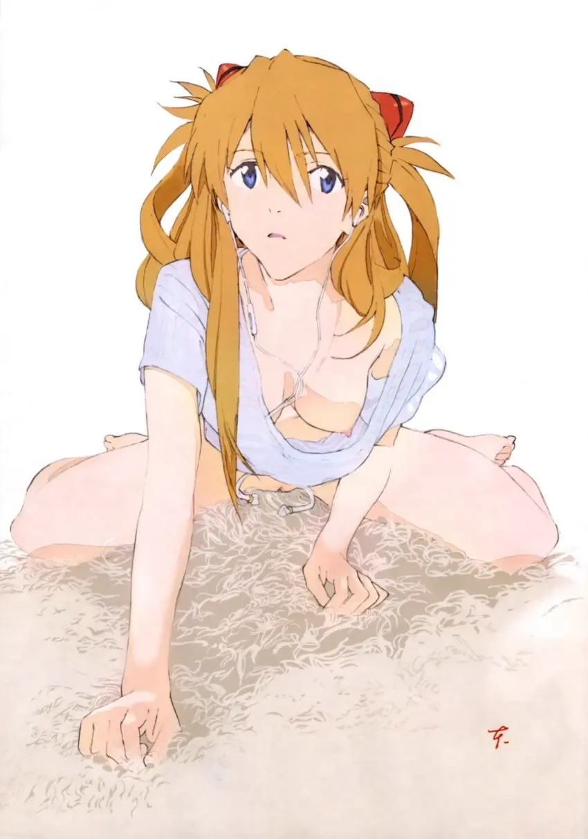 Image breasts,female,nipples,no_bra,nude,pussy,orange_hair,bottomless,hanging_breasts,official_art,asuka_langley_sohryu,neon_genesis_evangelion,naked_shirt,nude_edit,nude_filter
