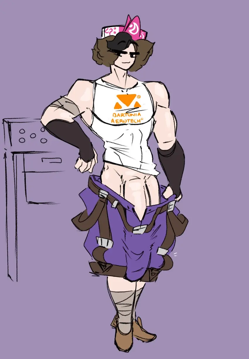 Image light_skin,looking_at_viewer,solo,1boy,male,two_tone_hair,muscular,muscular_male,headband,light-skinned_male,inviting,inviting_to_sex,smug,bulge,sleeveless_shirt,male_focus,bulge_through_clothing,shoes,toony_face,smug_grin,bandana,arm_sleeves,baggy_clothing,shewiff,finley_(shewiff)