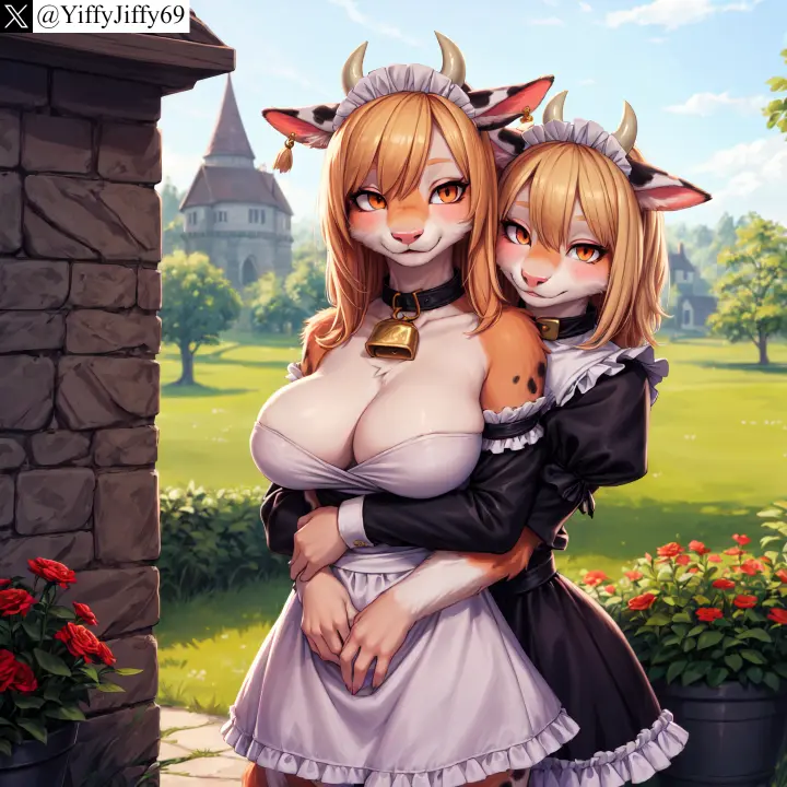 Image breasts,female,large_breasts,long_hair,looking_at_viewer,smile,2girls,animal_ears,multiple_girls,furry,orange_eyes,watermark,horns,ai_generated,artist_name,cleavage,anthro,furry_female,twitter,blonde_hair,stable_diffusion,dress,outdoors,maid,collar,flower,maid_headdress,apron,feline,cow_girl,day,cow_ears,cow_horns,bell,hug,cheetah,twitter_username,neck_bell,cowbell,hug_from_behind,yiffyjiffy69