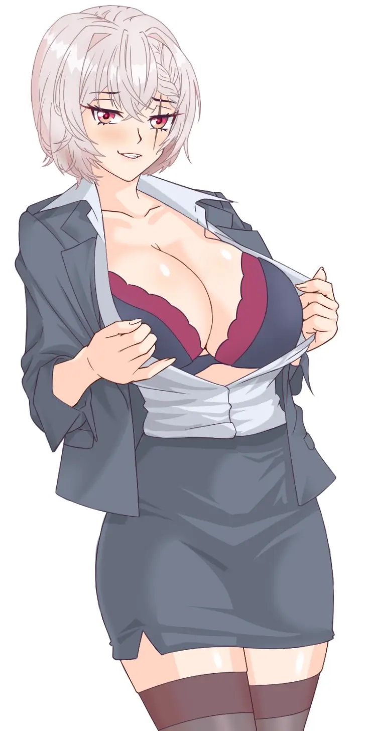 Image big_breasts,breasts,female,white_hair,virtual_youtuber,vtuber,skirt,tomboy,undressing,indie_virtual_youtuber,office_lady,office_clothing,pointy_chin,tight_skirt,saruei_(vtuber)