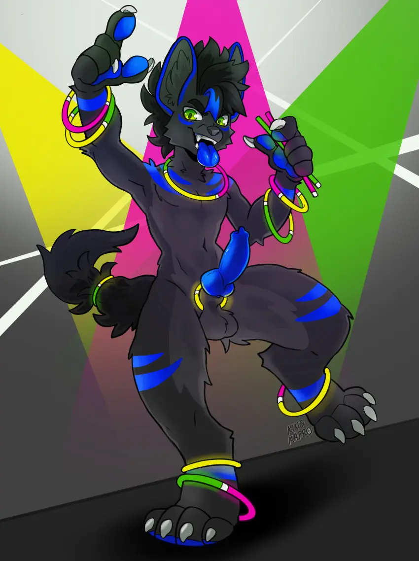 Image hi_res,solo,male,penis,tongue_out,tongue,accessory,jewelry,anthro,green_eyes,absurd_res,canid,canine,canis,fur,genitals,mammal,black_body,party,blue_body,blue_fur,knot,glowing,cock_ring,rave,jackal,penis_accessory,penis_jewelry,blacklight,kingkapro