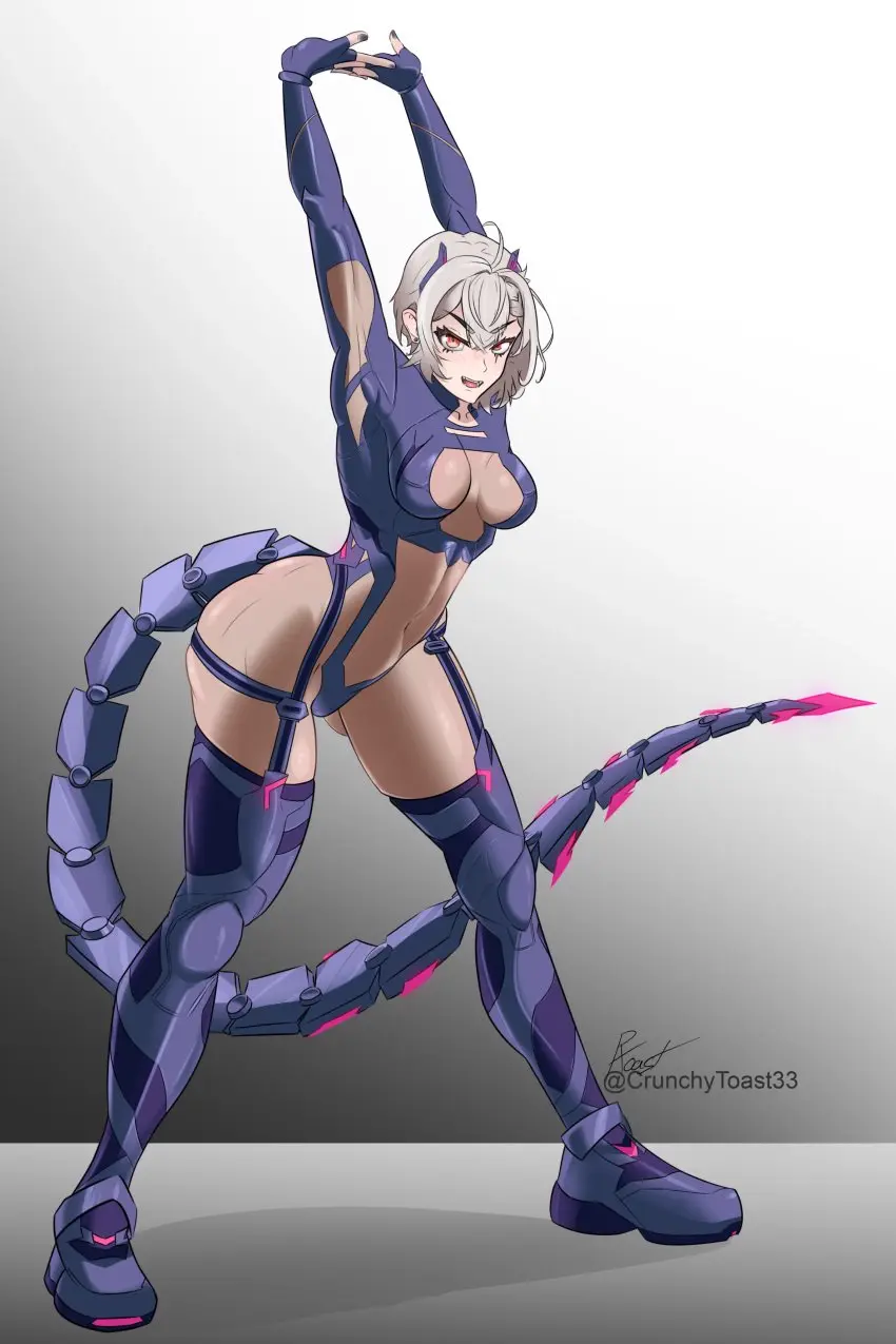 Image 1girls,female,female_only,solo,tail,virtual_youtuber,vtuber,bodysuit,fully_clothed,tomboy,indie_virtual_youtuber,stretching,cybernetics,saruei_(vtuber),cammy_stretch