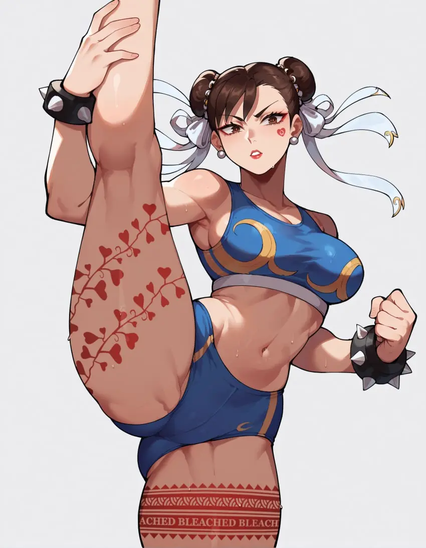 Image 1girls,big_breasts,breasts,brown_eyes,clothed,female,female_only,looking_at_viewer,solo,sweat,bra,ass,earrings,thick_thighs,thighs,athletic,ai_generated,sports_bra,sportswear,midriff,solo_female,tattoo,parted_lips,pose,brown_hair,red_lipstick,legs_up,fit,fit_female,makeup,shorts,lipstick,skimpy,skimpy_clothes,hair_bun,capcom,chun-li,street_fighter,bare_legs,short_shorts,one_leg_up,standing_on_one_leg,splits,standing_split,bleached,queen_of_hearts,bloomers,yuroart