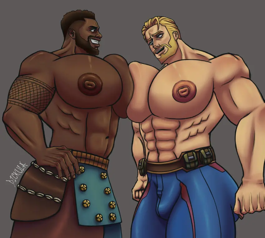 Image male,muscular,muscular_male,2boys,male/male,male_only,yaoi,busty,gay,bara,marvel,marvel_comics,big_pecs,captain_america_(series),muscular_chest,huge_pecs,huge_chest,black_panther_(2018),black_panther_(series),captain_america,dickula,gigantic_chest,m’baku
