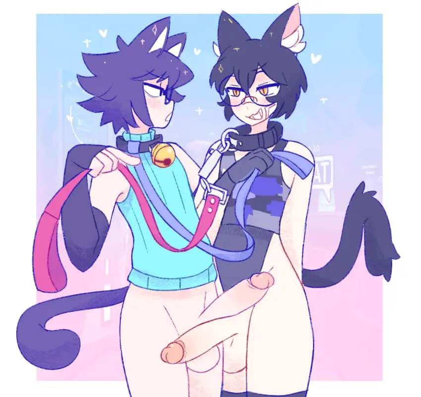 Image blush,hi_res,black_hair,gloves,male,penis,duo,2boys,femboy,male_only,yaoi,balls,eyewear,light-skinned_male,swimsuit,original,original_character,gay,cat_tail,smug,bottomless,hung_femboy,leash,duo_focus,armwear,twink,bell,bell_collar,round_glasses,arm_warmers,bandaid,catboy,hung_trap,penis_touching,amaruu,pet_play,bandaid_on_face,bandaid_on_nose,gero_(amaruu),one_piece_swimsuit