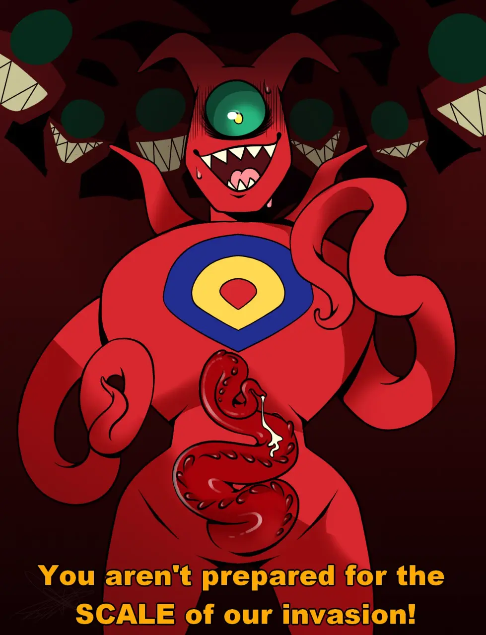 Image hi_res,solo,male,penis,sweat,big_penis,humanoid,male_only,teeth,text,sweatdrop,sharp_teeth,tentacle,bodily_fluids,genitals,horn,markings,group,alien,1_eye,alien_humanoid,alien_genitalia,chest_markings,subtitled,chargeman_ken,juralian,mr_garbage