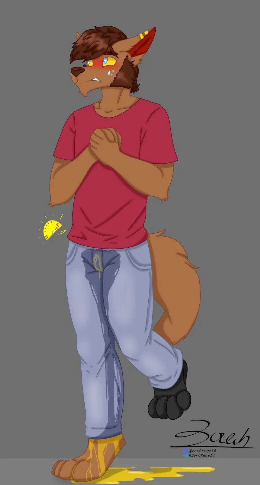 Image blush,clothed,clothing,hi_res,pants,shirt,solo,blue_eyes,male,sweat,male_only,looking_away,hair,anthro,piercing,text,mythology,absurd_res,brown_hair,genital_fluids,bodily_fluids,canid,canine,canis,fur,mammal,wolf,paws,ear_piercing,2024,brown_fur,tuft,mythological_canine,mythological_creature,were,werecanid,werecanine,werewolf,topwear,brown_body,nervous,t-shirt,denim,jeans,yellow_sclera,bottomwear,facial_hair,blushing_profusely,peeing,mature_male,omorashi,prosthetic,prosthetic_leg,facial_tuft,raised_leg,urine,watersports,prosthetic_limb,denim_bottomwear,denim_clothing,discord_(app),chin_tuft,wetting,infinite_genital_fluids,discord_logo,discord_username,excessive_urine,fuel_gauge,infinite_urine,meter,soaked,telegram,telegram_logo,telegram_username,thomas_ii_(zer0rebel4),wetting_bottomwear,zer0rebel4