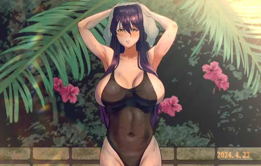 Image breasts,female,large_breasts,looking_at_viewer,navel,swimsuit,school_uniform,wet,alternate_breast_size,pool,doki_doki_literature_club,school_swimsuit,yuri_(doki_doki_literature_club),undersized_clothes,one_piece_swimsuit,complex_background,spilling_breasts,suishitai_ura