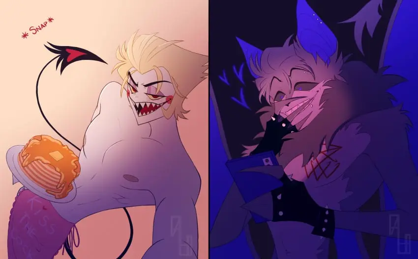 Image male,2boys,male/male,male_only,demon,demon_boy,original_character,gay,chest,teasing,commission,hazbin_hotel,age_difference,bat,half_dressed,half_naked,commission_art,commissioner_upload,lucifer_morningstar_(hazbin_hotel),pancake,analogh0rror,commissioner_insert