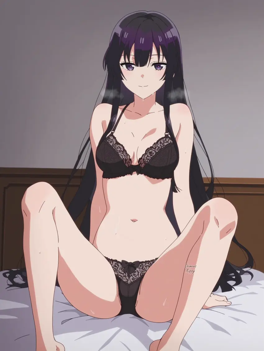Image 1girls,breasts,female,female_only,hi_res,highres,light-skinned_female,long_hair,looking_at_viewer,bangs,bra,panties,athletic,ai_generated,lingerie,medium_breasts,spread_legs,commentary_request,high_resolution,athletic_female,violet_hair,violet_eyes,arms_behind_back,english_commentary,demens_kippy,akuyaku_reijou_level_99,yumiella_dolkness