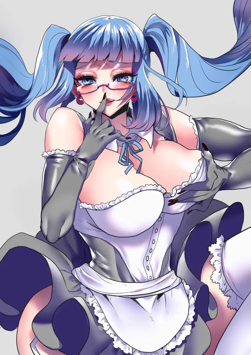 Image 1girls,blush,breasts,female,large_breasts,long_hair,solo,blue_eyes,blue_hair,blunt_bangs,elbow_gloves,gloves,thighhighs,white_legwear,earrings,hoop_earrings,multicolored_hair,bare_shoulders,cleavage,eyebrows,eyebrows_visible_through_hair,eyelashes,shiny_hair,solo_female,hair,pink_hair,lips,purple_hair,twintails,maid,maid_outfit,blue_ribbon,ribbon,light_blue_hair,feet_out_of_frame,knee_up,eyeshadow,makeup,apron,mascara,hatsune_miku,vocaloid,blue_eyebrows,armwear,fingernails,black_nails,garter_straps,upskirt,white_thighhighs,twitter_username,long_gloves,maid_apron,twitter_link,touching_breast,black_nail_polish,grey_gloves,red_eyeshadow,eyelashes_visible_through_hair,masa_works_design,mv_character,grandguignol96,pink_earrings,rondon_series,rondon_slag_party_hi_(vocaloid),skirt_flip,touching_own_breast,zettai_ryouiki