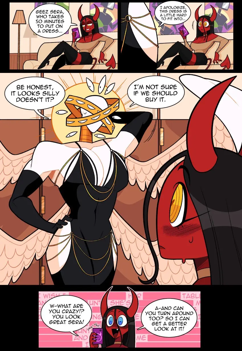 Image blush,female,black_gloves,black_hair,blue_eyes,gloves,yellow_eyes,muscular,embarrassed,horns,shadow,wings,angel,demon,alternate_version_available,sweatdrop,hand_on_hip,demon_girl,demon_horns,dialogue,couch,red_skin,text_bubble,sweater,blush_lines,muscular_female,phone,succubus,modakawa_dress,hand_behind_head,lamp,taking_picture,trying_on_clothes,lamppost,idolomantises,lili_(idolomantises),monsters_and_girls,sera_(idolomantises),purple_phone