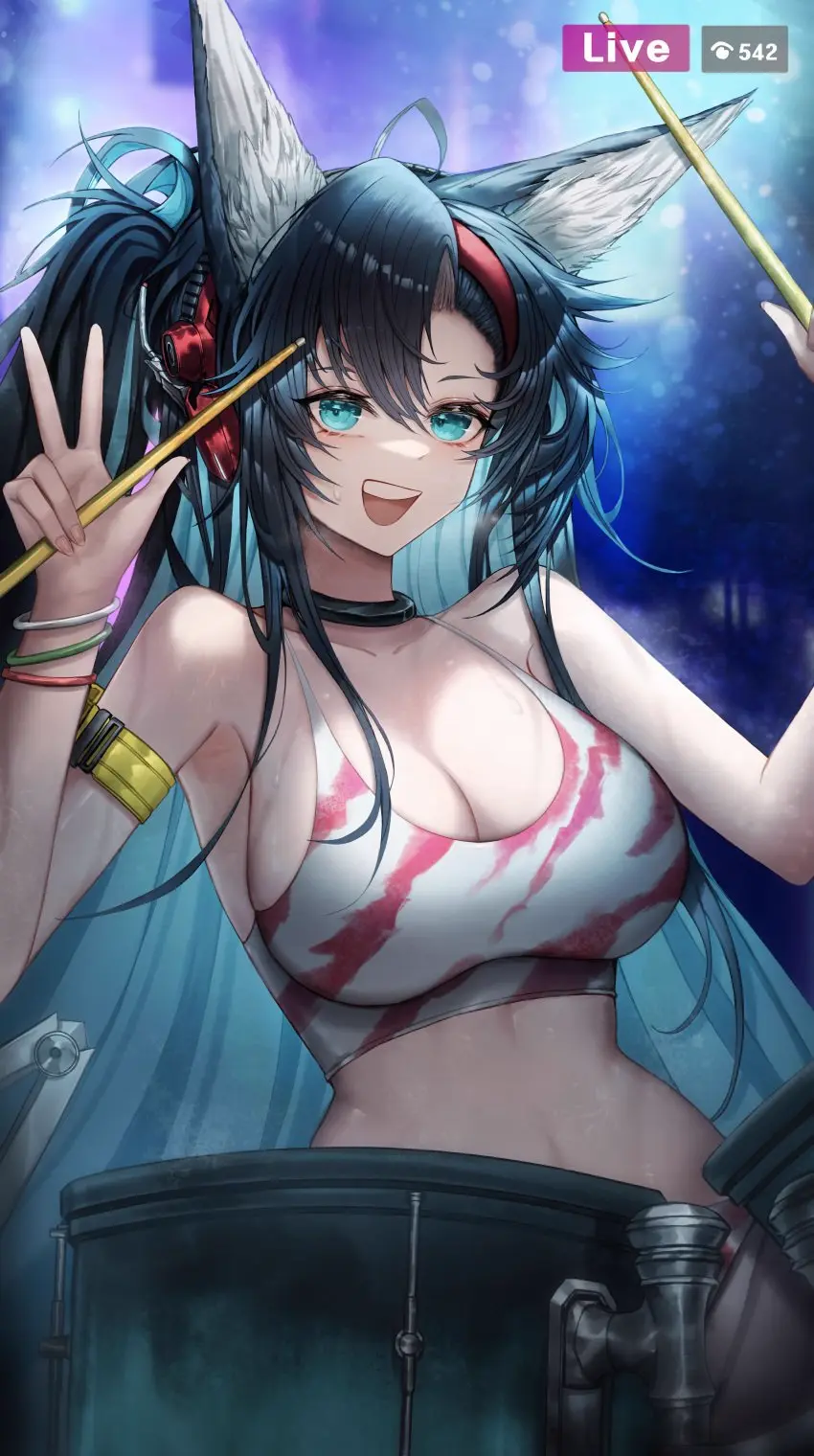 Image 1girls,female,female_only,cat_ears,arknights,sports_bra,livestream,pointy_chin,blaze_(arknights),onedr