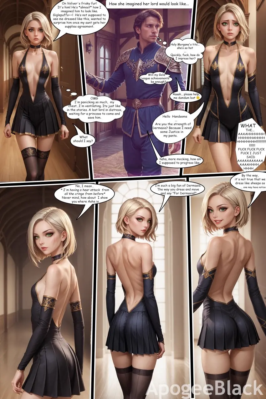 Image breasts,gloves,male,navel,short_hair,thighhighs,choker,ai_generated,bare_shoulders,cleavage,blonde_hair,green_eyes,dress,comic,realistic,black_dress,league_of_legends,apogeeblack,ashe_(league_of_legends)