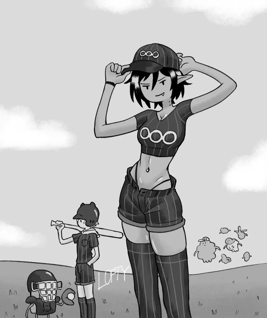 Image female,human,looking_at_viewer,1boy,2girls,black_hair,male,short_hair,panties,belly_button,stockings,cloud,vampire,black_and_white,looking_at_another,grey_background,smirk,fully_clothed,crown,adventure_time,booty_shorts,finn_the_human,baseball_bat,baseball_cap,exposed_belly,lofty_(artist),marceline,lumpy_space_princess,baseball,baseball_(ball),baseball_(sport),baseball_field,baseball_glove,pitcher