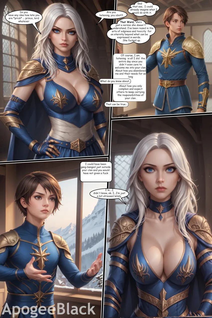 Image blush,breasts,female,gloves,short_hair,sweat,choker,ai_generated,bare_shoulders,cleavage,blonde_hair,green_eyes,dress,comic,realistic,league_of_legends,speech_bubble,apogeeblack,ashe_(league_of_legends)