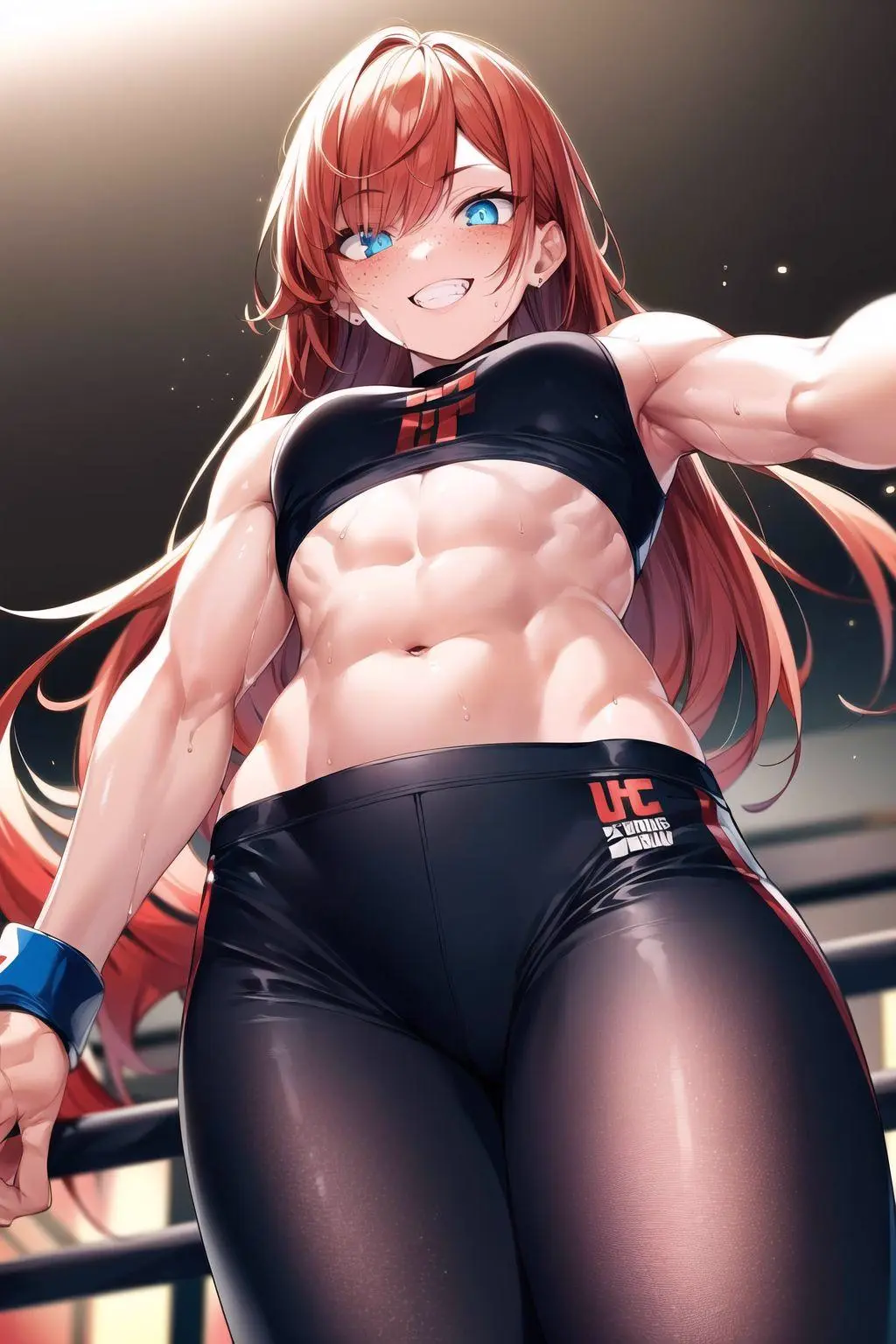 Image 1girls,cowboy_shot,female,long_hair,looking_at_viewer,blue_eyes,freckles,muscular,ai_generated,original,original_character,glowing_eyes,low-angle_view,ginger_hair,flat_chest,muscular_female,tomboy,toned,fighting_gloves,ufc