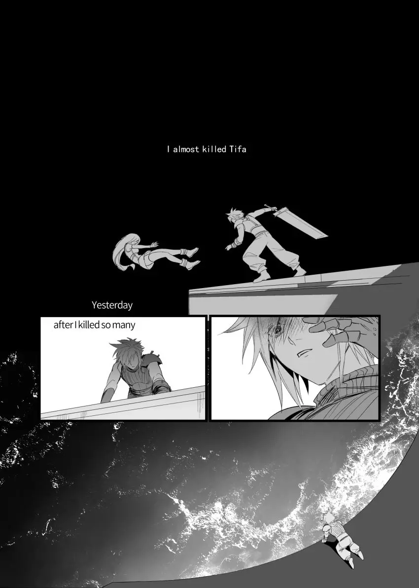 Image 1girls,female,1boy,male,male/female,tagme,shocked,comic,final_fantasy,final_fantasy_vii,tifa_lockhart,english_text,all_fours,holding_weapon,cloud_strife,square_enix,sword,greyscale,doujinshi,no_sex,buster_sword,duoj_ji,ledge,swinging_weapon