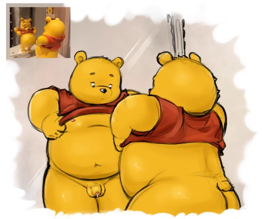Image clothed,clothing,hi_res,nipples,shirt,solo,male,navel,penis,ass,disney,male_only,belly,balls,anthro,public_domain,small_penis,genital_fluids,bodily_fluids,genitals,mammal,precum,yellow_body,shirt_lift,2024,bear,topwear,overweight,moobs,overweight_male,clothing_lift,mirror,literature,winnie_the_pooh_(franchise),pooh_bear,thebunslover