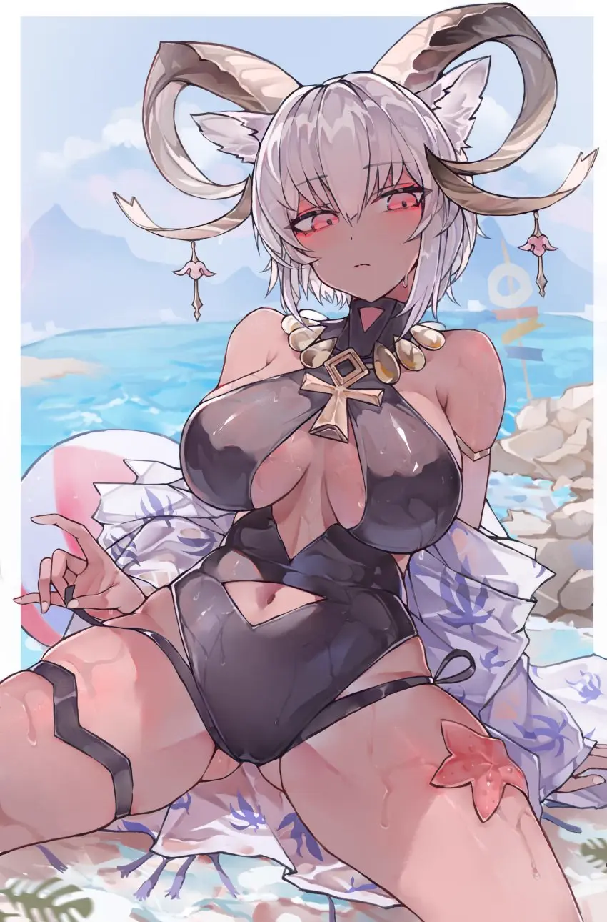 Image 1girls,female,female_only,hi_res,arknights,horns,swimsuit,artist_request,clothing_cutout,carnelian_(arknights),orekh