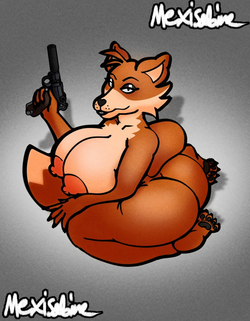 Image big_breasts,breasts,clothed,clothing,female,hi_res,looking_at_viewer,nipples,solo,tail,ass,bedroom_eyes,big_butt,seductive,voluptuous,futanari,intersex,wide_hips,cleavage,huge_breasts,anthro,lips,absurd_res,half-closed_eyes,curvy_figure,slightly_chubby,canid,canine,holding_object,mammal,claws,eyeshadow,makeup,lipstick,narrowed_eyes,big_ears,erect_nipples,holding_weapon,weapon,fox,gynomorph,tuft,nails,ranged_weapon,pawpads,eyeliner,true_fox,red_fox,gun,pistol,head_tuft,trans_woman,transfem,big_tail,thick_bottom_lip,handgun,karen_the_fox_(mexisabine),mexisabine