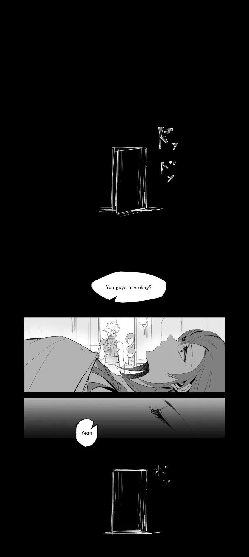 Image 1girls,female,1boy,male,male/female,tagme,comic,bedroom,final_fantasy,final_fantasy_vii,tifa_lockhart,english_text,open_eyes,cloud_strife,open_door,yuffie_kisaragi,square_enix,greyscale,doujinshi,waking_up,duoj_ji,closing_door,closing_eyes
