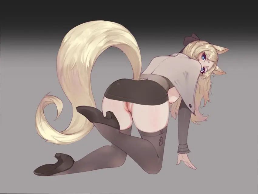 Image 1girls,breasts,female,female_only,large_breasts,light-skinned_female,light_skin,long_hair,solo,animal_ears,blue_eyes,pussy,tail,ass,looking_back,arknights,blonde_hair,animal_tail,stockings,skirt,high_heels,all_fours,horse_girl,horse_ears,horse_tail,whislash_(arknights),tuoyezengzhi